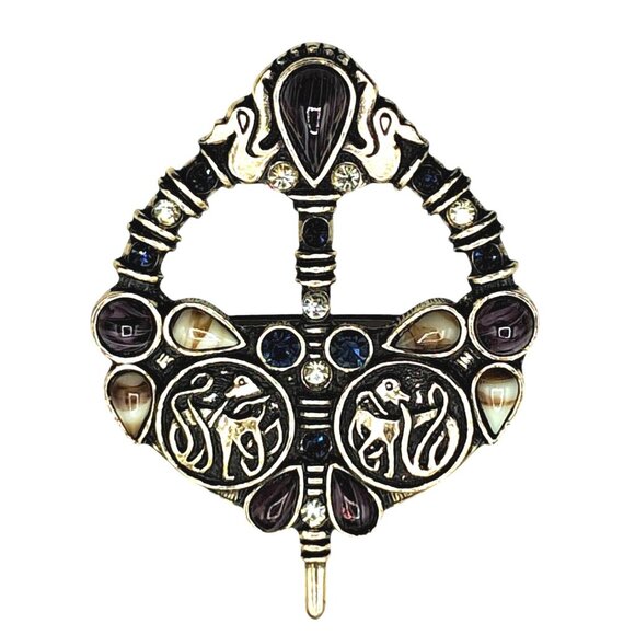 Vintage Sol Dor Brooch Celtic Irish Rhinestone Art Glass Pin Signed Costume Jewe - Picture 2 of 8